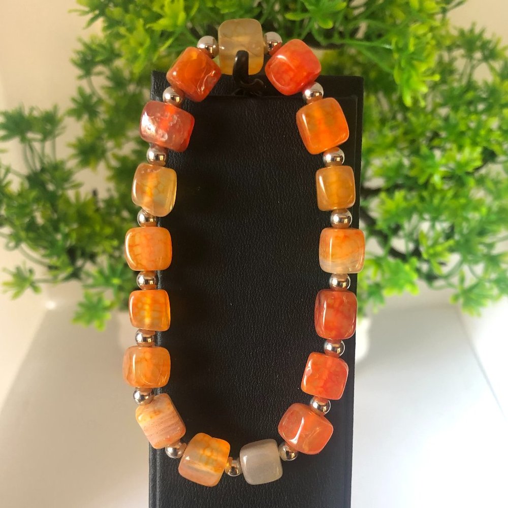 Red Agate Bracelet Cube Beads Stretchable Bracelet